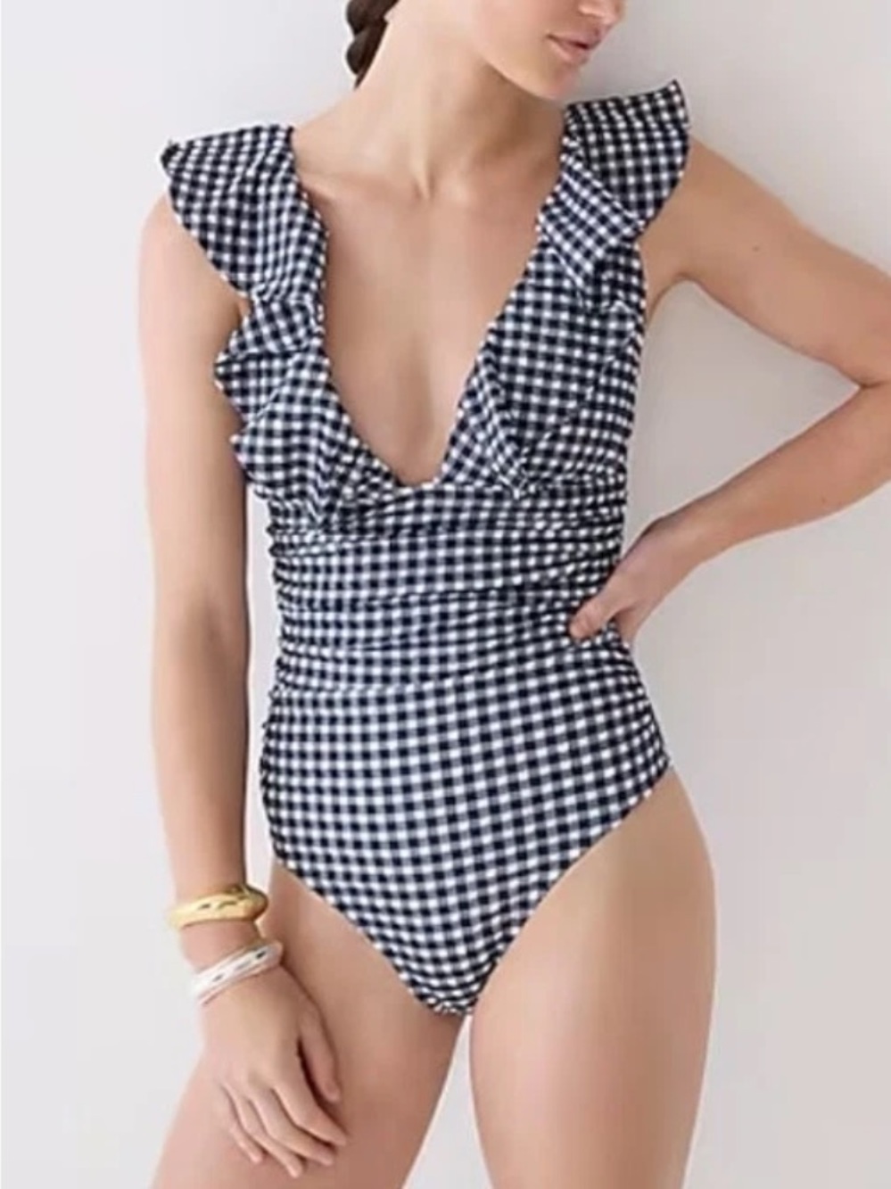 J. Crew Gingham Ruffle Deep V One-Piece Swimsuit NEW
